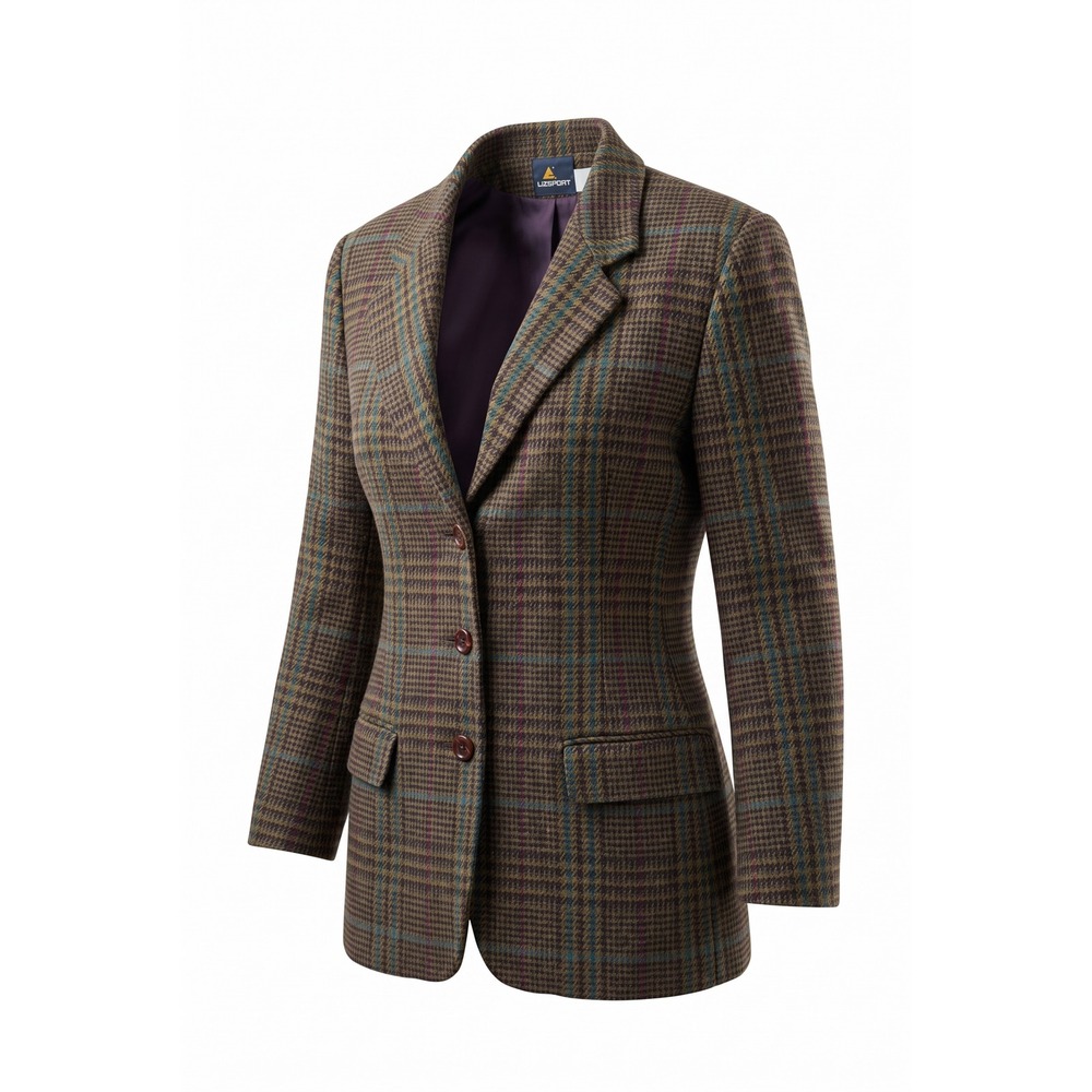 Lizsport Vintage Brown Plaid Wool Blend Blazer Jacket Purple Lining Womens